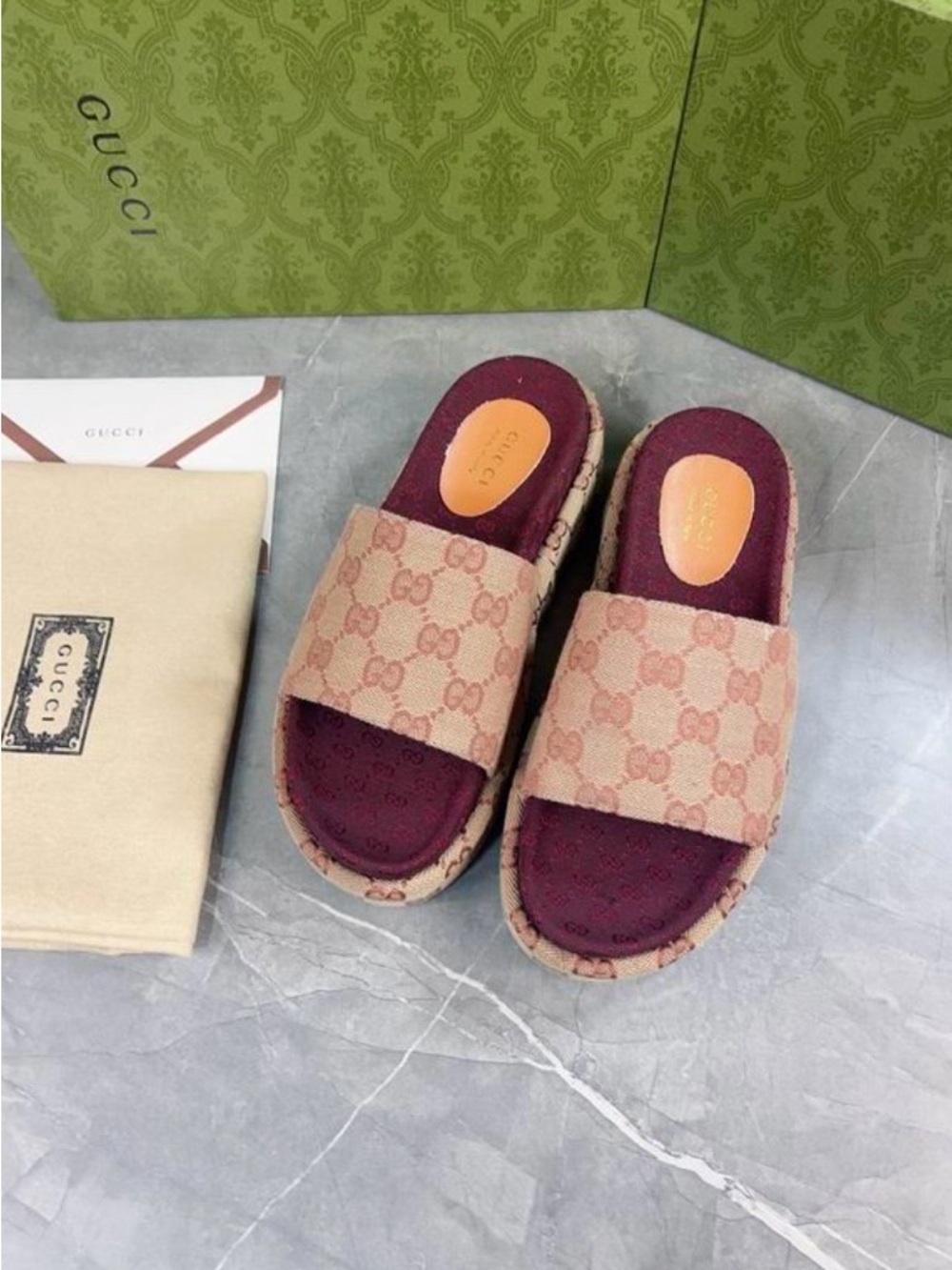 AUTHENTIC ~ Gucci Maxi GG Platform Slide Sandals – Canvas & Leather
